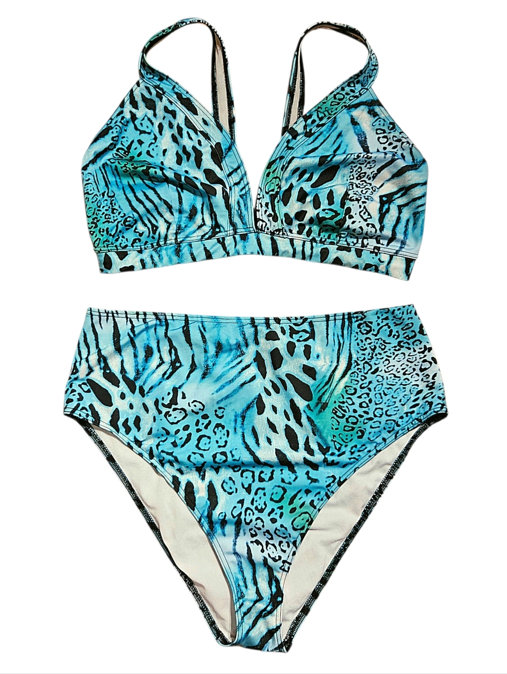 ASOS Swim Blue Zebra Leopard Print Chic and Sexy High Waist 2-PC Bikini Size 16